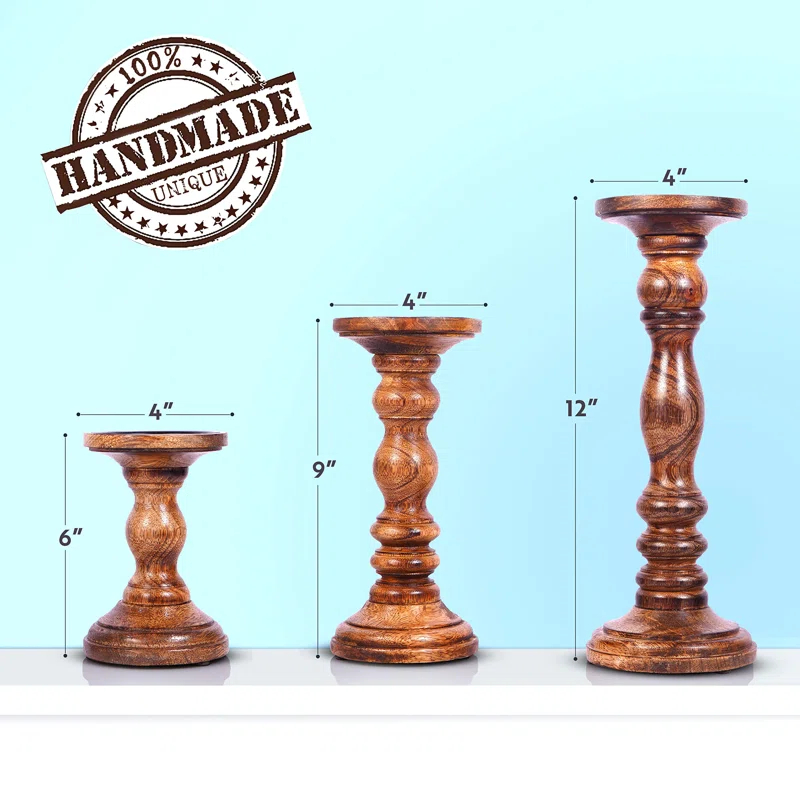 12'' Handcrafted Mango Wood Pillar Candle Holder Set – Rustic 3-Piece Set for LED Candles