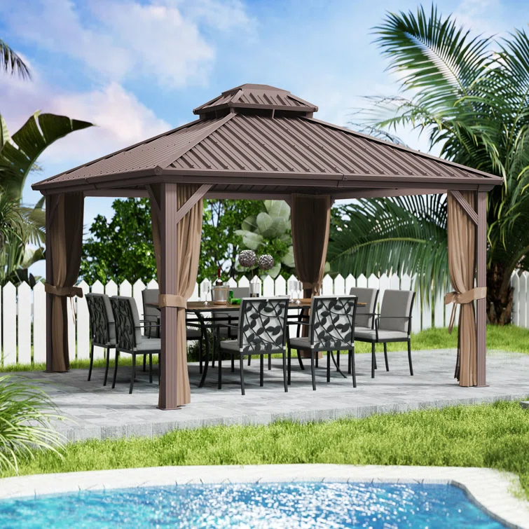 Kozyard Kozyard Caesar Gray Double Roof Hardtop Gazebo with Privacy Curtain and Mosquito Netting