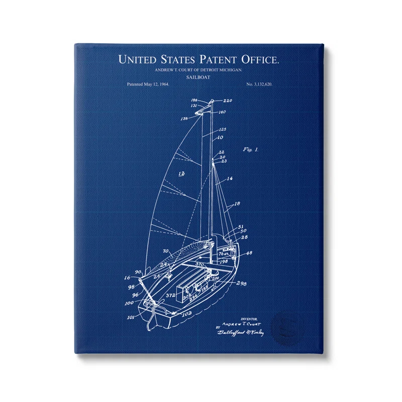 Stupell Industries " Sailboat Watercraft Blue Patent Office Diagram Blueprint " by Karl Hronek