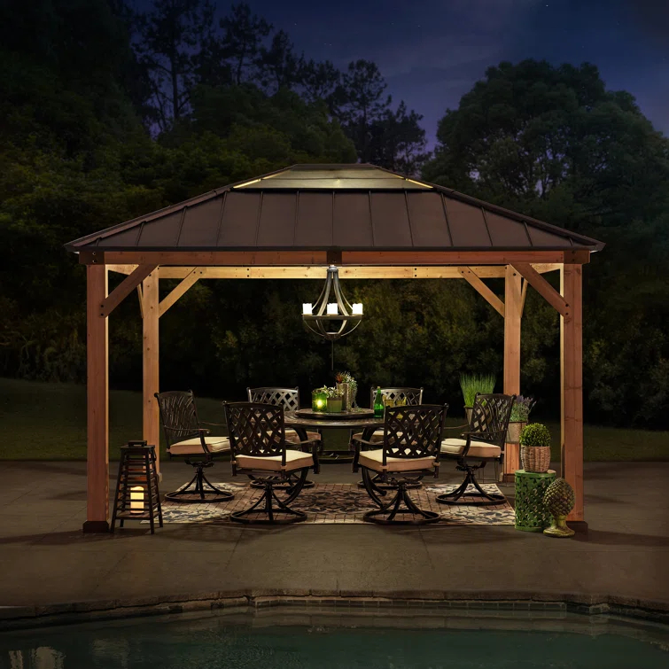 Sunjoy Sunjoy Hardtop Gazebo 11 x 13 ft. Upgrade Cedar Framed Wood Gazebos with Brown Steel and Polycarbonate Hip Roof Hardtop for Garden, Backyard Shade,