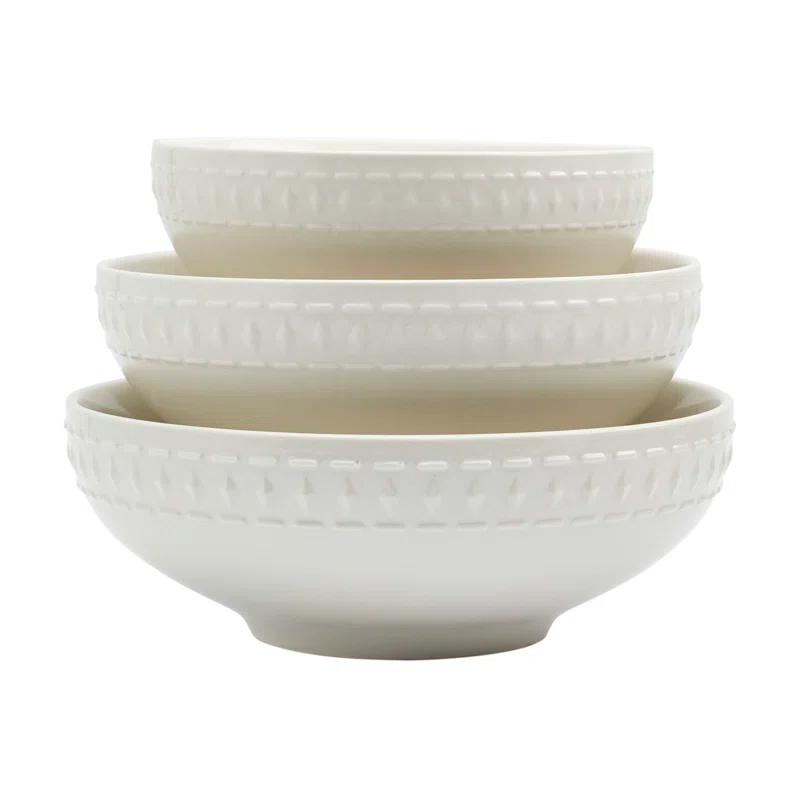 Ivory Dinnerware Tabletops Gallery 3 piece Serving Bowl Set Bloom Embossed White