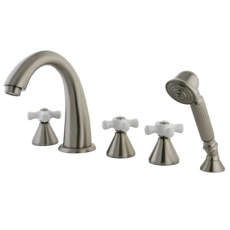 Kingston Brass Milano Three-Handle 5-Hole Deck Mount Roman Tub Faucet with Hand Shower