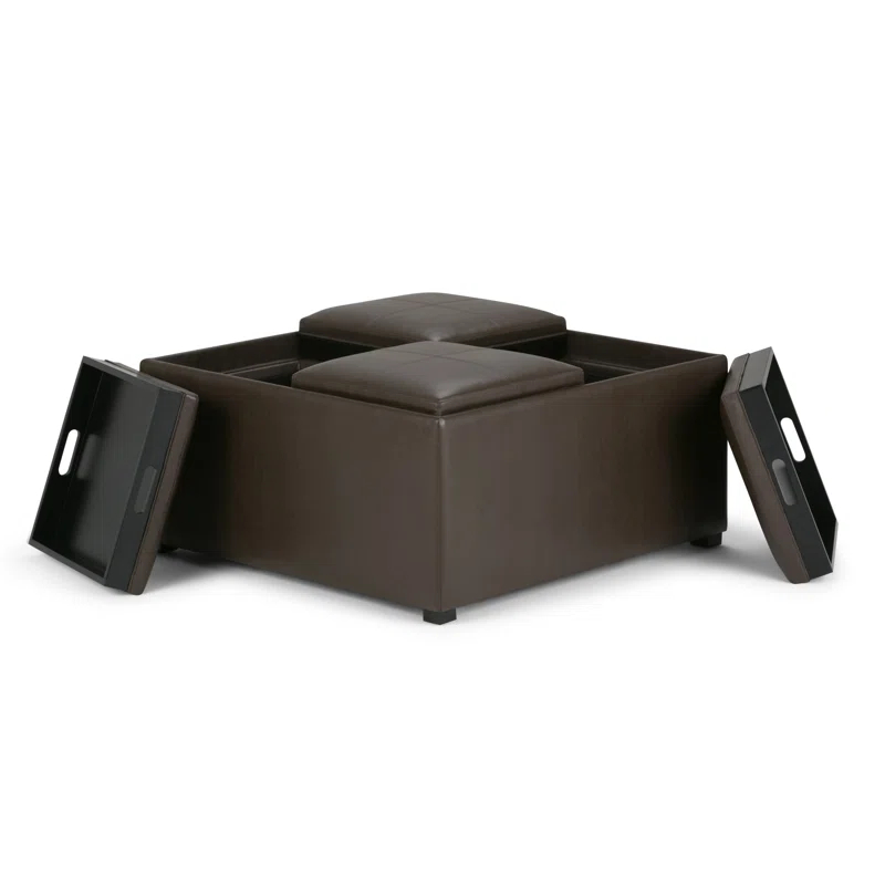 Simpli Home Avalon 35"W Upholstered Square Coffee Table Storage Ottoman with Flip-Over Trays