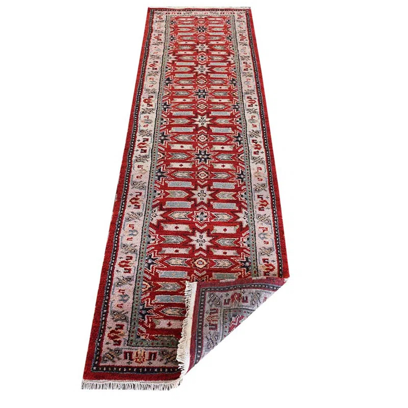 Bungalow Rose Elle-Jade Hand Knotted Premium Quality Oriental Red Cream Silk And Wool Rug