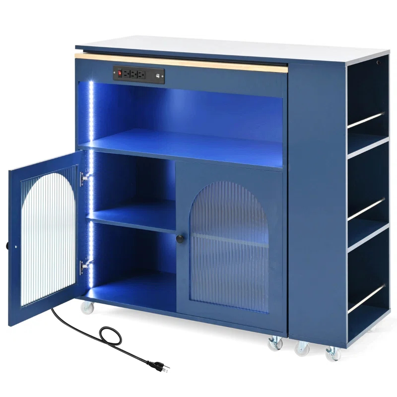 Winston Porter Rolling Kitchen Island With Extended Table, Kitchen Island On Wheels With LED Lights,Power Outlets And 2 Fluted Glass Doors, Kitchen Island With A Storage Compartment And Side 3 Open Shelves