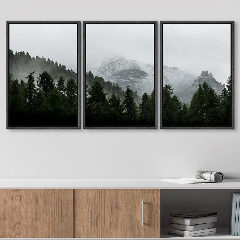 IDEA4WALL Misty Forest Landscape Mountain With Fog Natural Framed Canvas 3 Pieces Photograph Print Wall Art