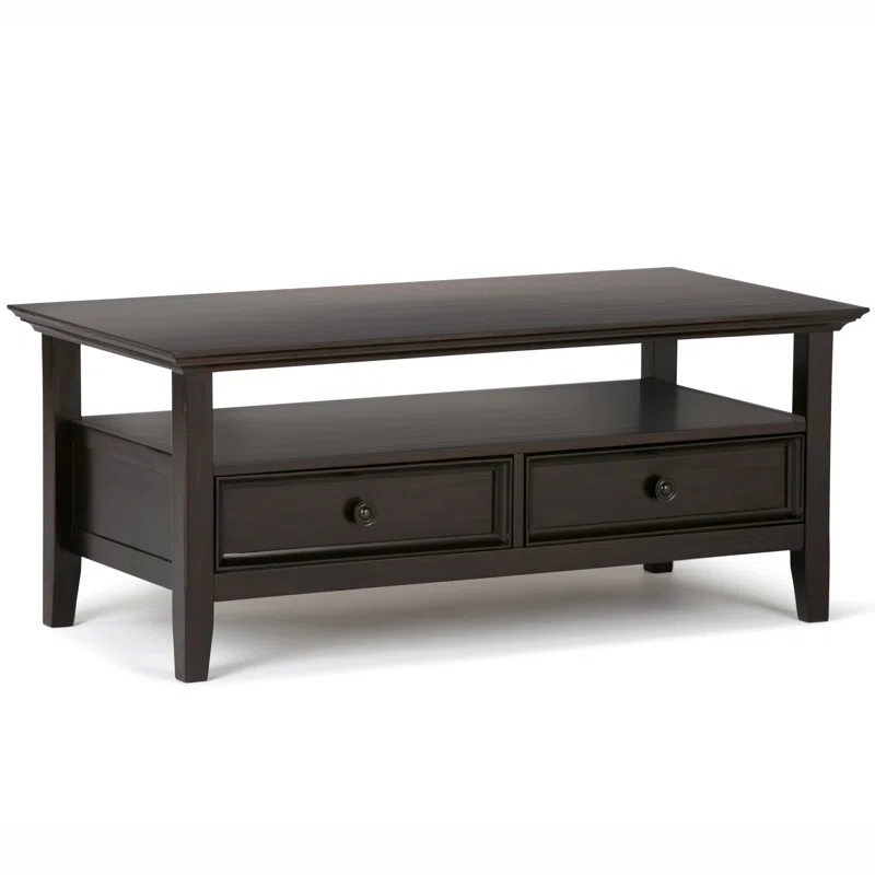 Simpli Home Amherst 44"W Solid Wood Transitional Coffee Table with Open Shelf and 2 Drawers