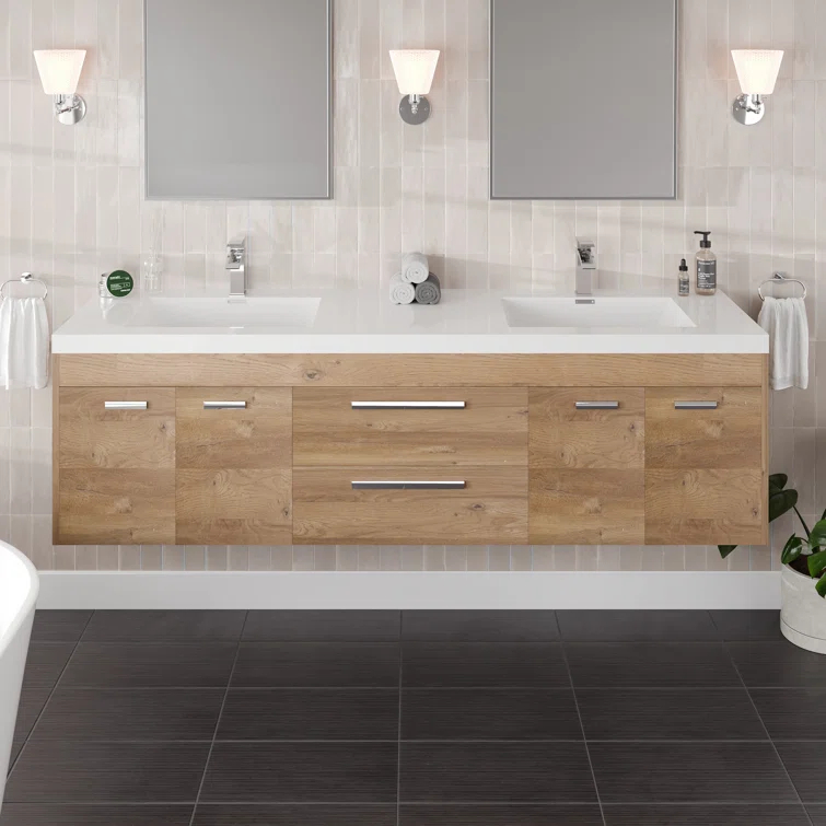 Wade Logan® Wauconda 72"W X 20"D Wall Mount Double Sink Bathroom Vanity With White Acrylic Countertop And Integrated Sinks