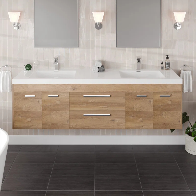 Wade Logan® Wauconda 72"W X 20"D Wall Mount Double Sink Bathroom Vanity With White Acrylic Countertop And Integrated Sinks