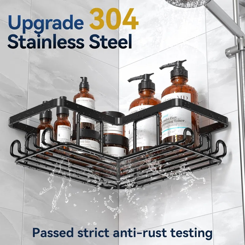 Rebrilliant 3-Pack Corner Adhesive Shower Caddy with Soap Holder & 12 Hooks, Stainless Steel