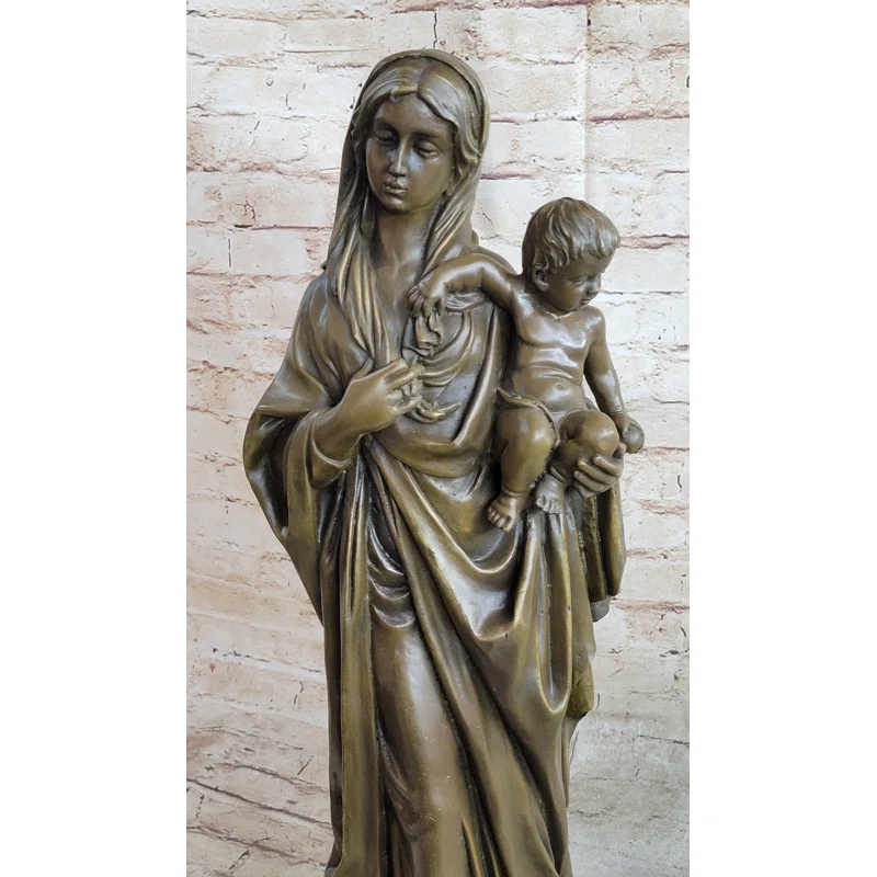 Bloomsbury Market Madonna Virgin Mary W/ Baby Jesus Bronze Statue Sculpture Figure 23 Inches X 8 Inches | Wayfair