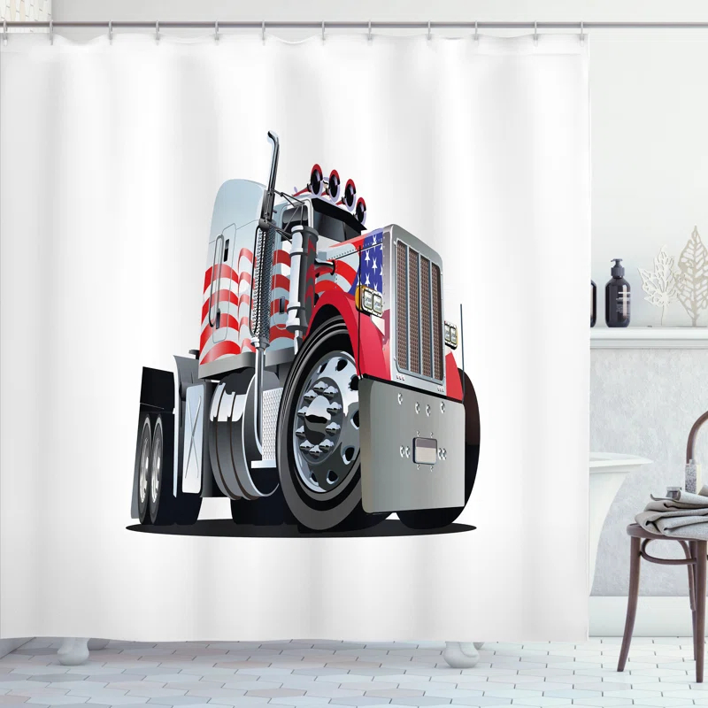 East Urban Home East Urban Home Truck Shower Curtain American Flag Motif Hood Red White Blue