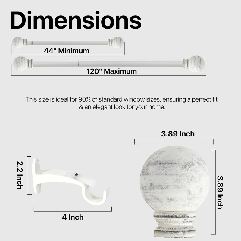 Deco Window Adjustable Curtain Rod for Windows 44 to 120 In Extendable Heavy Duty Iron Drapery Pole with Finials