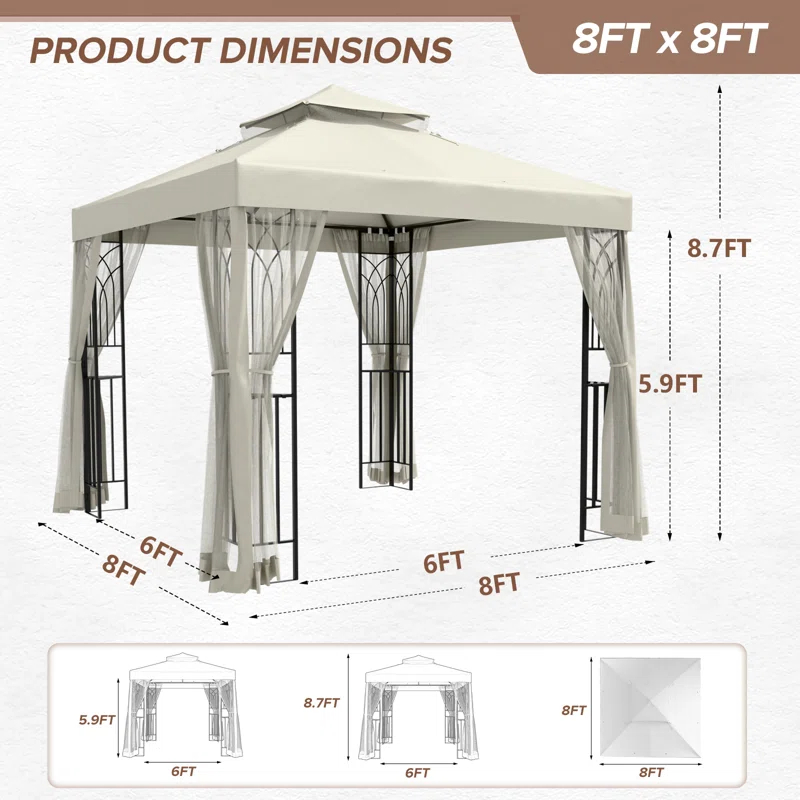 COOS BAY 8 Ft. W x 8 Ft. D Steel Frame Vented Soft Top Patio Gazebo with Mesh Netting, Corner Shelves