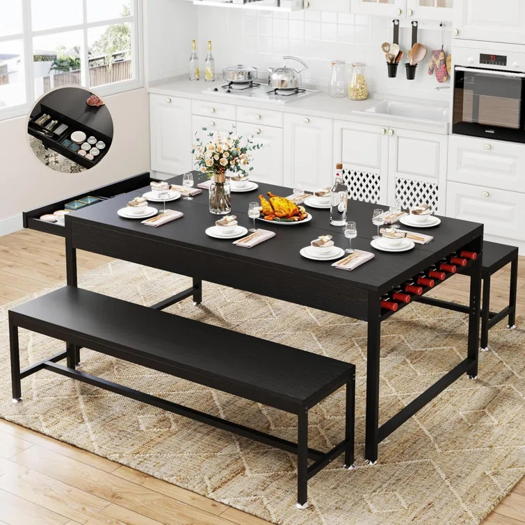 17 Stories Zubie 63"Dining Table Set for 4-6, 3-Piece Kitchen Table with 2 Utensil Drawers,2 Benches&Wine Rack