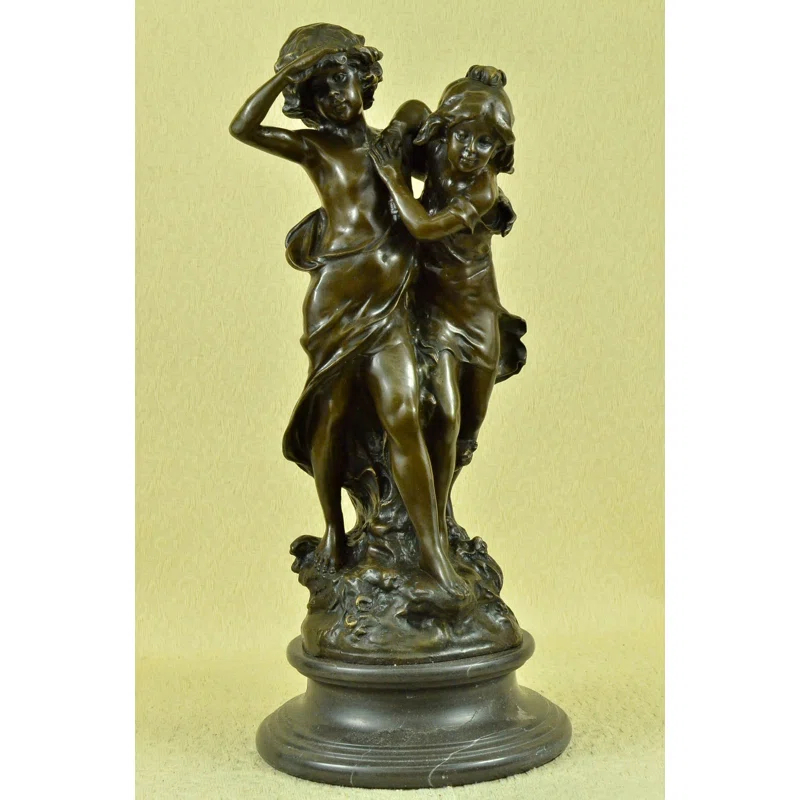 Bloomsbury Market Signed Original Boy And Girl Walking Outdoor Bronze Sculpture Marble Base Statue