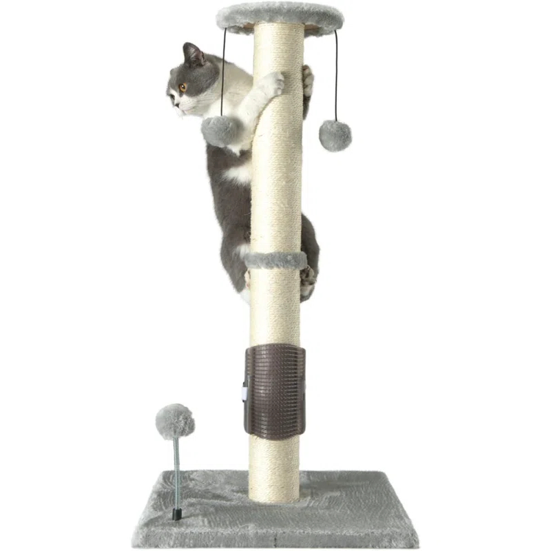 32" Tall Cat Scratching Post Sisal Scratch Posts With Hanging Ball And Self-Massage Brush Vertical Scratcher For Indoor Cats And Kittens(32Inches)