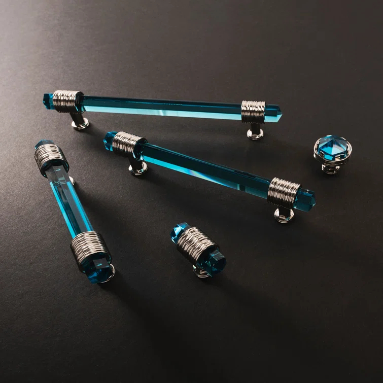Polished Nickel and Blue Glass T-Handle Knob with Mounting Hardware