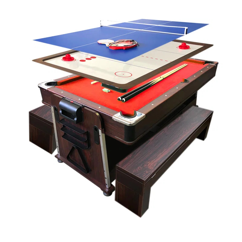 Simba USA Inc Pool Table 7ft Red + Air Hockey + Table Tennis + Table – Crown With Benches