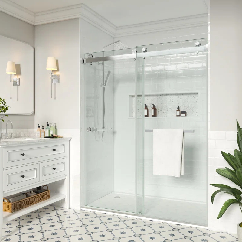 MCOCOD DS01H-7276-BR 72" W x 76" H x 2/5" THK Tempered Glass Double Smooth Sliding Frameless Shower Door with Towel Bar Handle & Knob & Anti-Collision Function