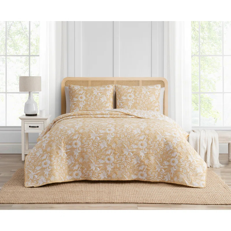 CEDAR COURT Sunflower Botanical Ochre 3-Piece All-Season Soft Woven Matelasse Jacquard Cotton Blend Quilt Set