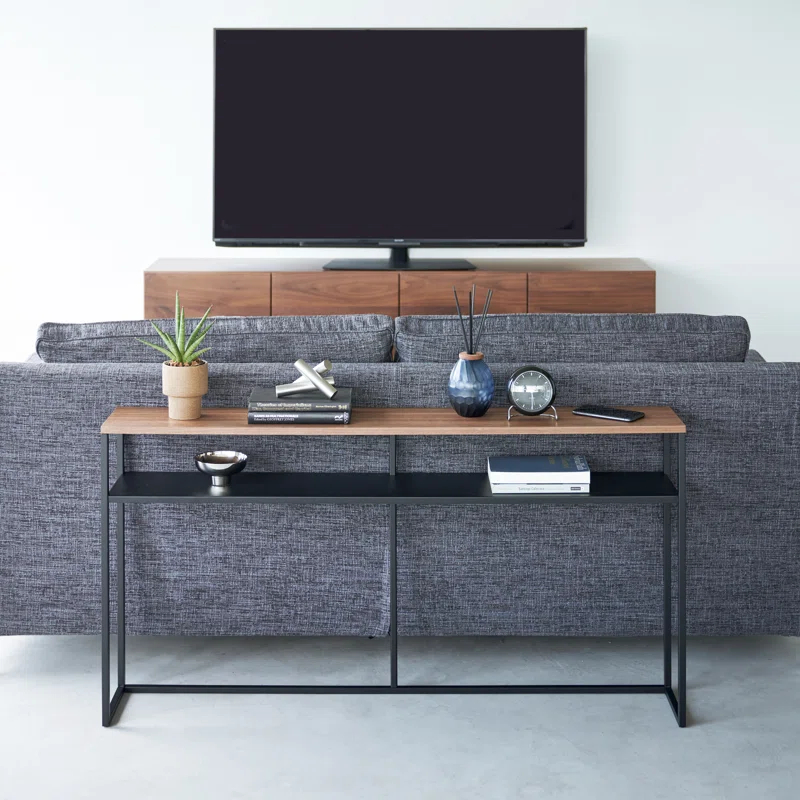 Yamazaki Home Yamazaki Home Tower Long Console Table For Entryway Or Hallways, Narrow Behind Sofa Table With Wooden Top And Metal Shelf - Shelf, 26" - Steel