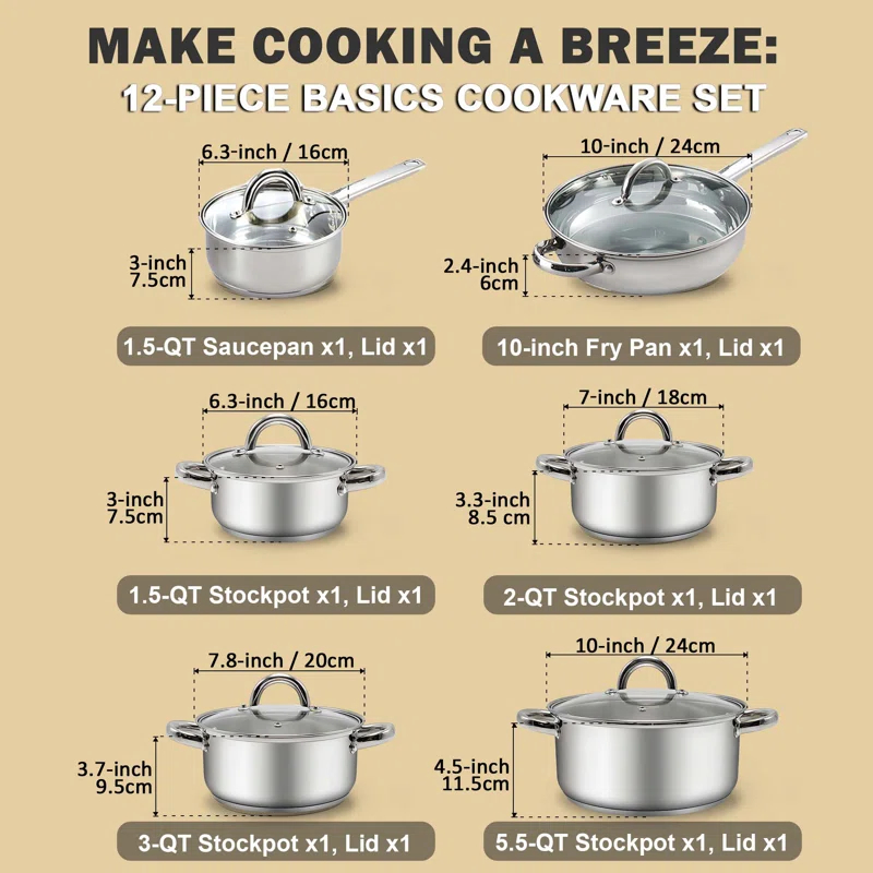 Cook N Home Cook N Home Kitchen Cookware Sets, 12-Piece Basic Stainless Steel Pots and Pans, Silver