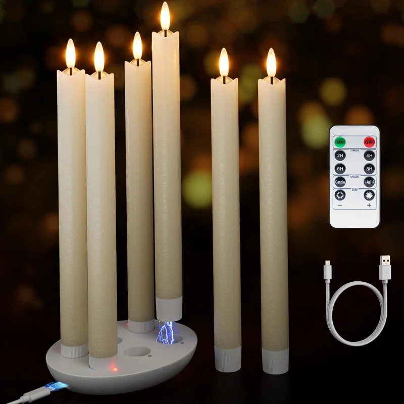 Rechargeable Flameless Taper Candles With Charging Station, 6 Pcs Real Wax LED Taper Candles Flickering With Remote&Timer, 3D Flame Candlesticks For Home Wedding Christmas Decor