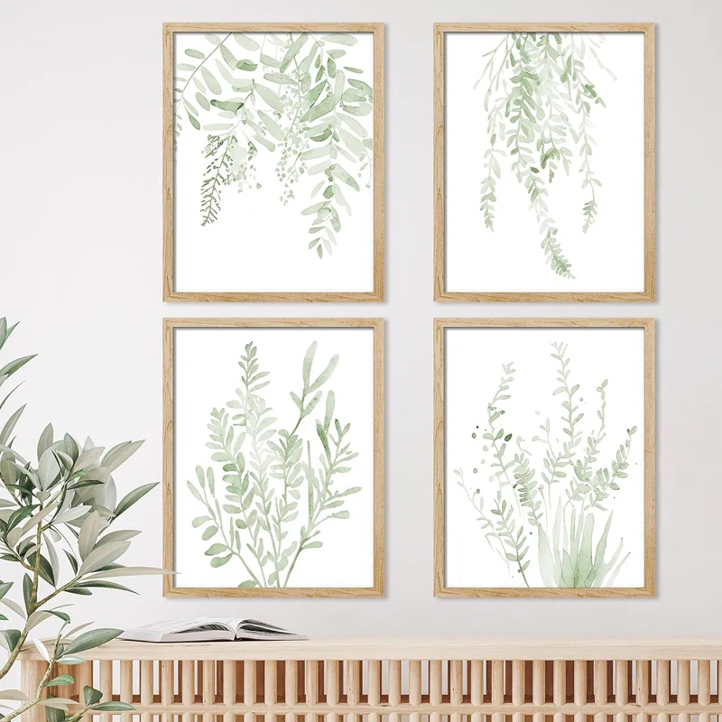 IDEA4WALL Minimal Botanical " IDEA4WALL Framed Pastel Green Forest Leaf Variety Wall Art, Set Of 4 Nature Wilderness Wall Decor Prints, Botanical Floral Wall Decor For Living Room, Bedroom " 4 - Pieces