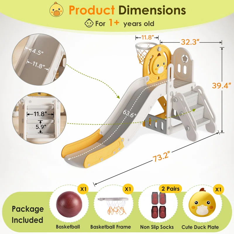 Suteck 5 in 1 Toddler slide, Kids Slide with Climber Outdoor Indoor Slide Cute Duck Theme Playset