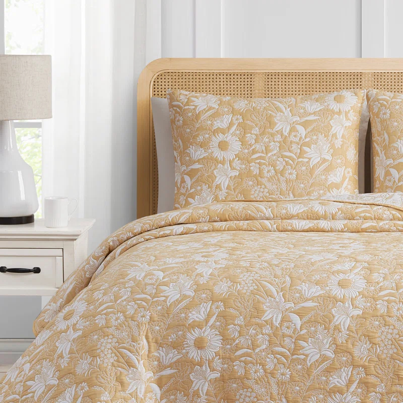 CEDAR COURT Sunflower Botanical Ochre 3-Piece All-Season Soft Woven Matelasse Jacquard Cotton Blend Quilt Set