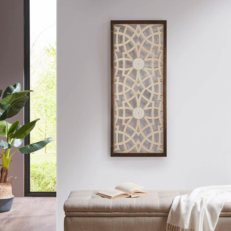 Winston Porter Geometric Wood Panel Wall Art, Farmhouse Style Fretwork Design, Solid Wood Frame Wall Decor