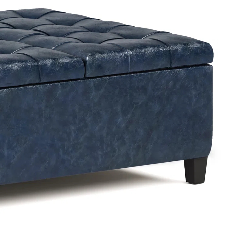 Simpli Home Harrison 36"W Upholstered Square Coffee Table Storage Ottoman with Split Lift Top