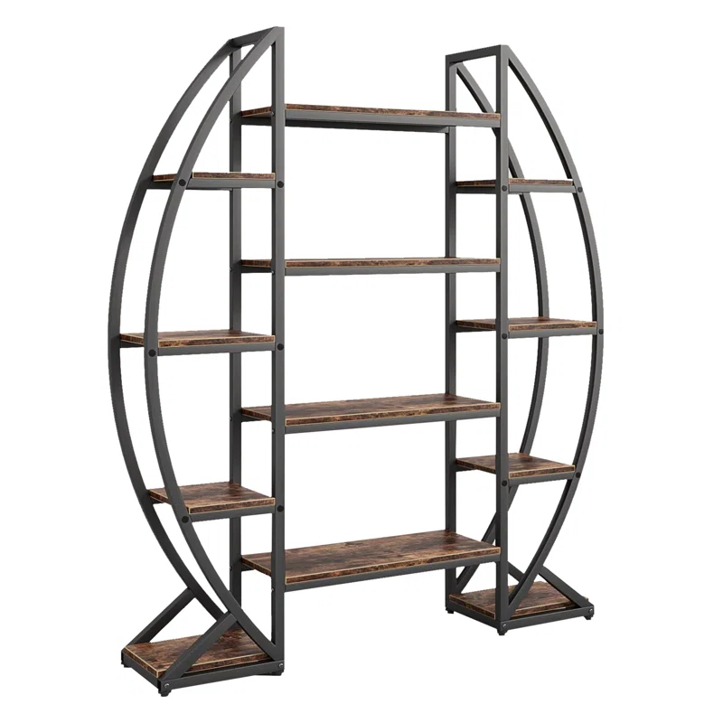 Benjara Oval Bookshelf, 12 Brown Wood Shelves, 5 Tier Black Frame, 69 Inch