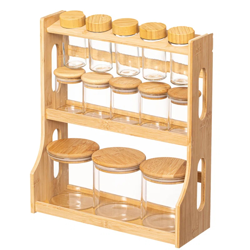 Basicwise Basicwise Versatile 3-tier Bamboo Spice Rack And Pantry Organizer With 13 Glass Jars – Perfect For Countertop Storage In Kitchens To Keep  Seasoning Containers Neatly Displayed And Easily Accessible
