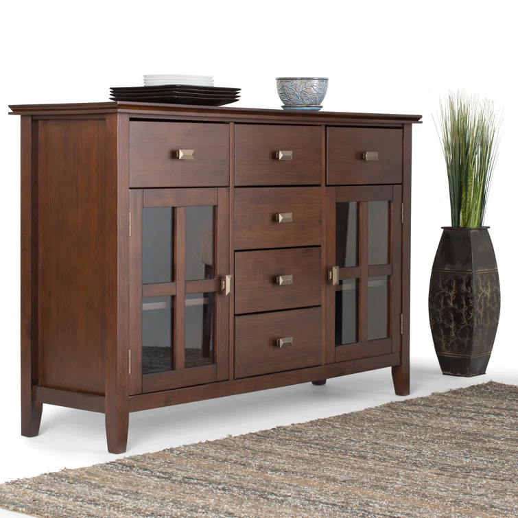 Simpli Home Artisan 54"W Solid Wood Sideboard Buffet with Tempered Glass Doors and 6 Drawers