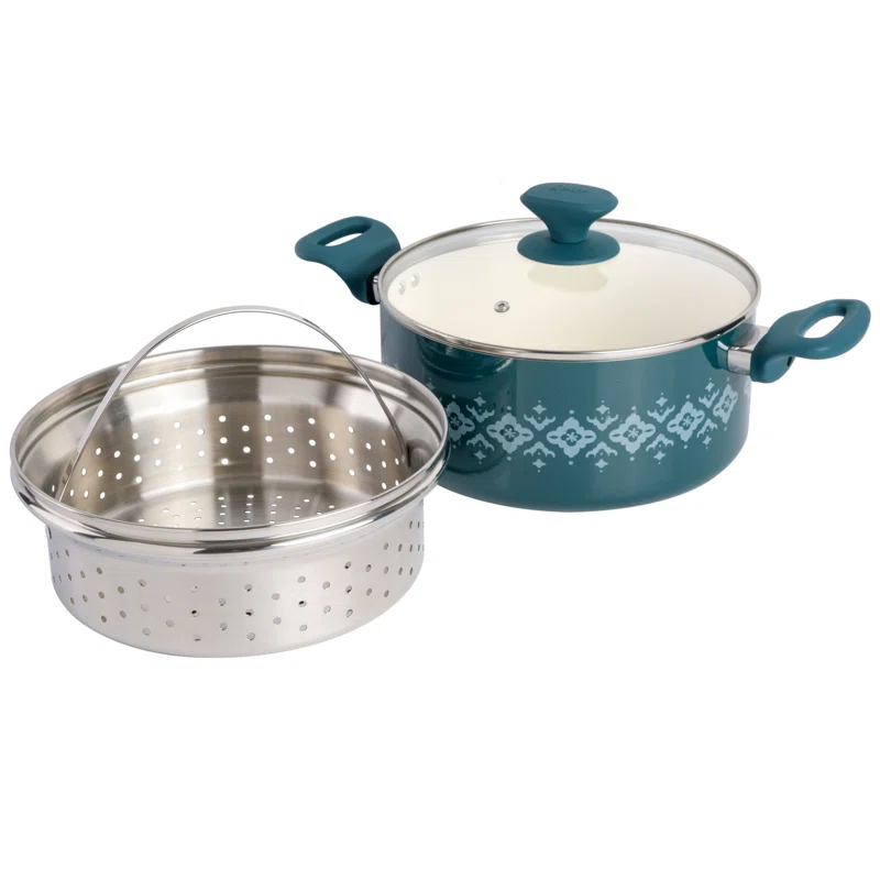 Spice by Tia Mowry Spice By Tia Mowry Savory Saffron Nonstick Ceramic Dutch Oven With Stainless Steel Steamer, 5-Quart, Charcoal, Enamel Exterior, Stay-Cool Handles