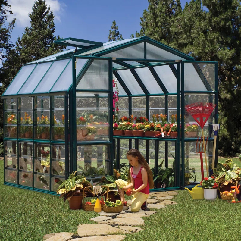 Canopia Palram - Canopia Grand Gardener 2 - 8' W x 8' D Walk-In Hobby Clear Polycarbonate Resin Frame Greenhouse Kit with Roof Vent and Base - Green