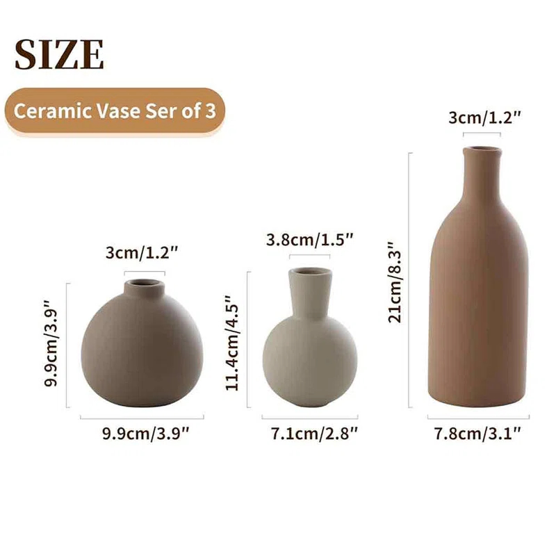 Bungalow Rose Ceramic Vase Set of 3, Vases Home Decor Rustic Vase Decor Vase Terra Cotta Pottery Vases