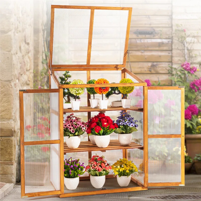 Wood Cold Frame Greenhouse for Outdoors, 2-Tier Greenhouse Cabinet