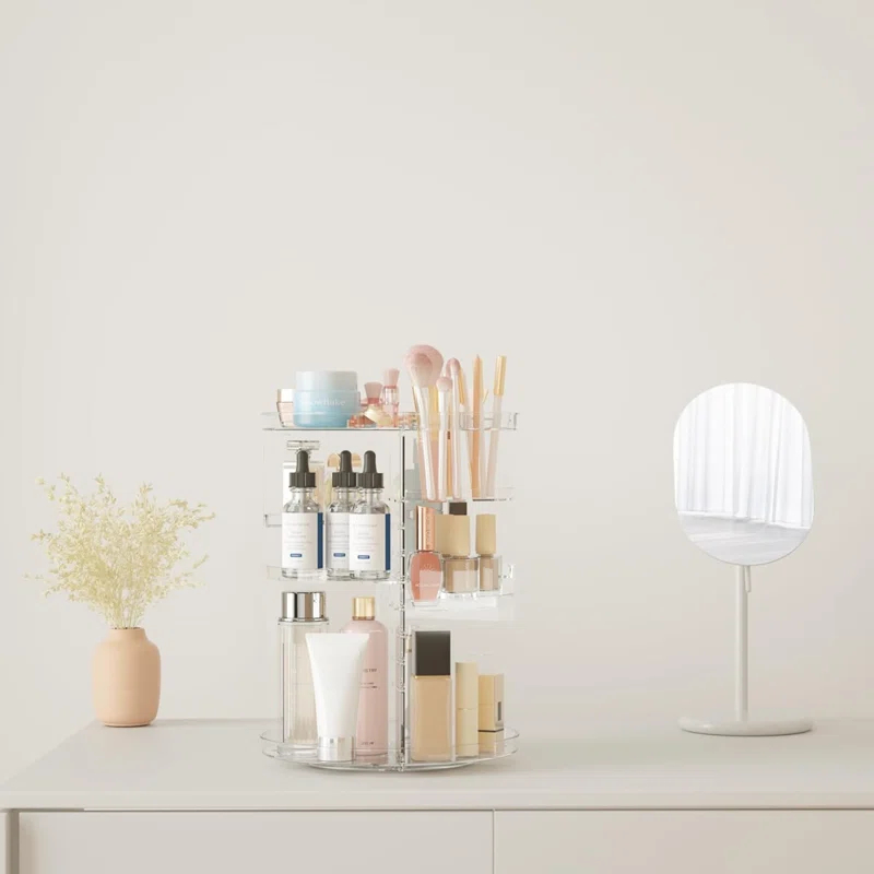 Rotating Makeup Organizer, DIY 8 Adjustable Layers Spinning Skincare Organizer, Cosmetic Display Case With Brush Holder Perfume Tray, Multi-Function Storage Carousel For Vanity Bathroom Countertop