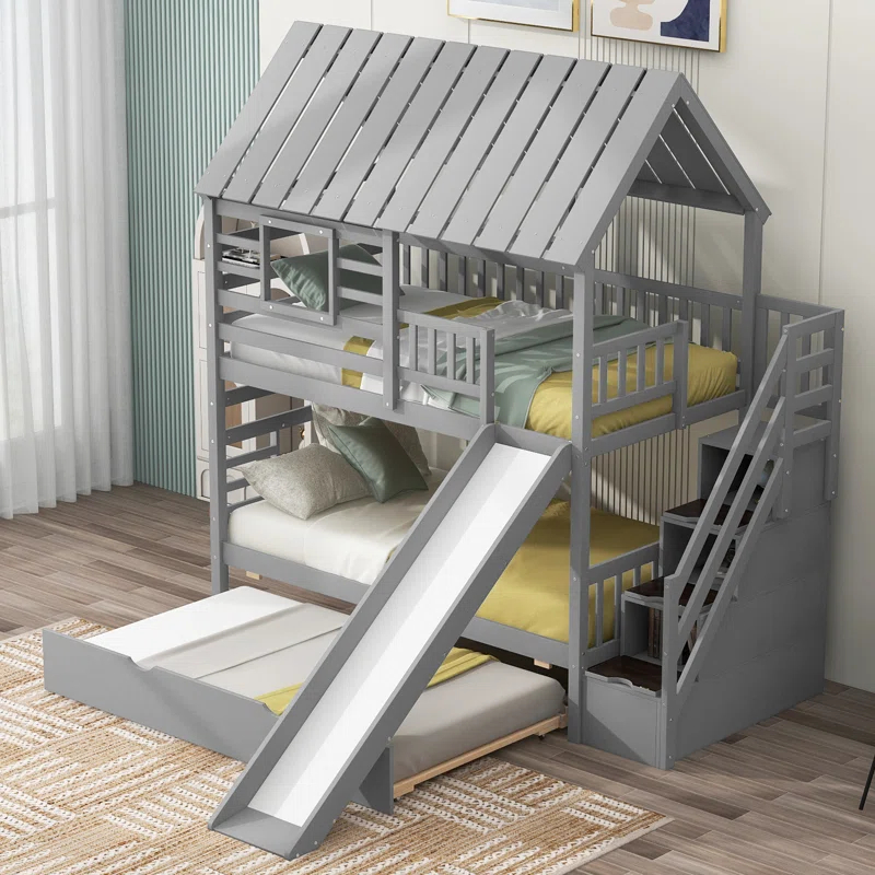 Harper Orchard Twin Over Twin House Bunk Bed With Trundle And Slide