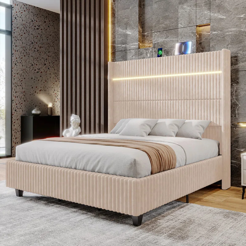 Ivy Bronx LED Bed Frame, Corduroy Upholstered Platform with 60" Tall Headboard & Charging Station