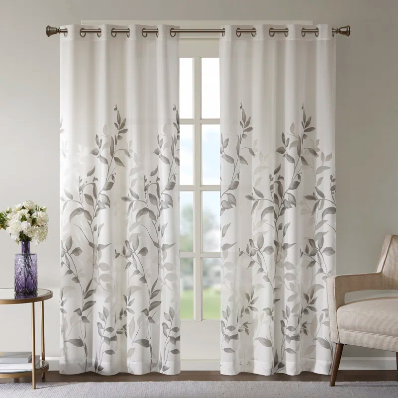 Madison Park Cecily Floral Printed Burnout Sheer Grommet Single Curtain Panel