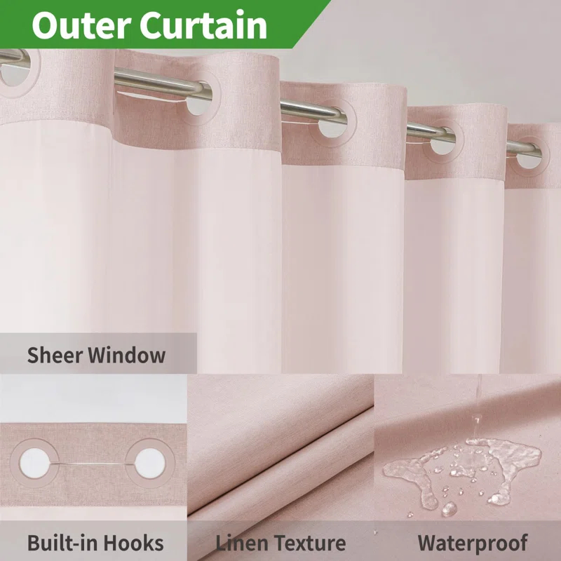 Latitude Run® No Hooks Needed Linen Textured Shower Curtain with Snap-in Fabric Liner Set,with Mesh Top Window