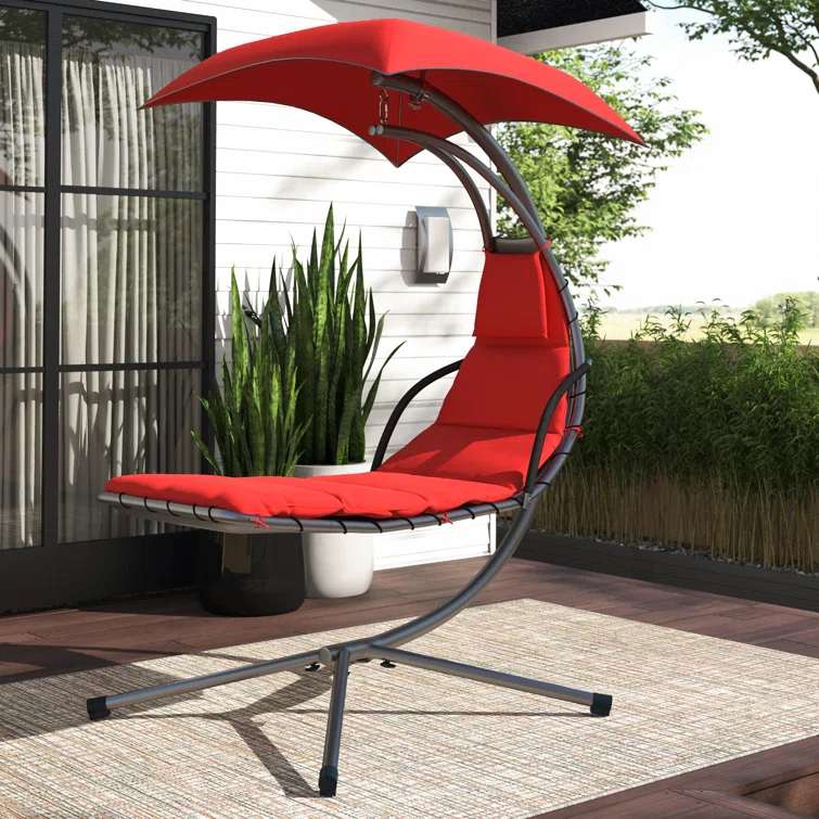 Arlmont & Co. Sadie Steel Outdoor Floating Chaise Lounge Chair with Stand and Canopy - Red