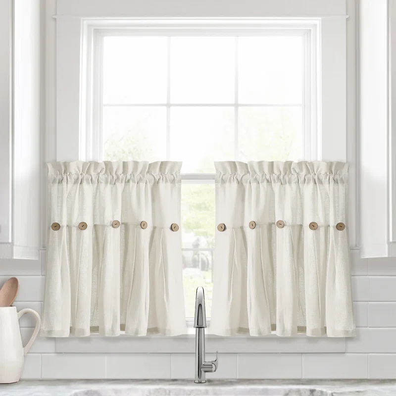 Lush Decor Linen Button Cotton Blend Tailored 29'' W Cafe Curtain (Set of 2)