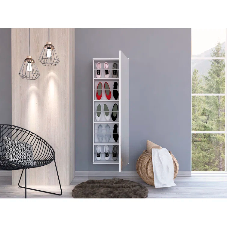 Hokku Designs Domanique Wall-Mounted Shoe Storage Cabinet with Mirror - Space-Saving 10-Pair Capacity, Single Door Entryway Organizer for Hallway, Closet, Apartment