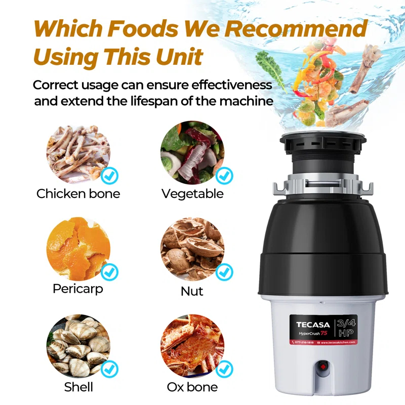 3/4 Hp Garbage Disposals, 2700 Rpm, 37 Oz, 115v, With Power Cord