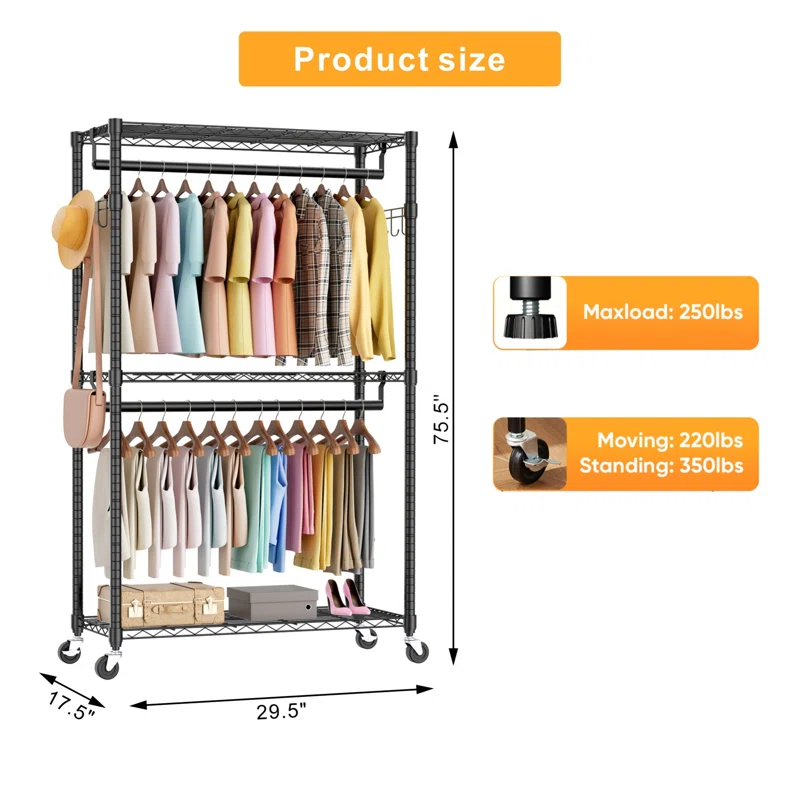 3 Tiers Rolling Clothes Rack With Wheels, Hanging Rods And Side Hooks